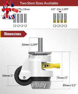 Leveling Castor Wheels Set of 4 Heavy Duty Retractable Casters, M12 and 1/2 Ste