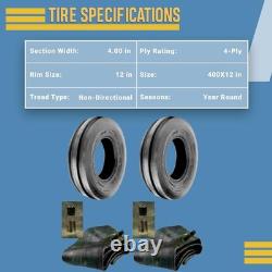 Set of 2 4.00-12 Front 3 Rib Tractor Tires with Tubes, Heavy Duty 4 PLY 400x12