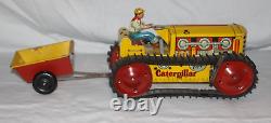 Marx Toys Tracteur à remontage Caterpillar Diesel avec remorque wagon en métal étain robuste