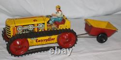 Marx Toys Tracteur à remontage Caterpillar Diesel avec remorque wagon en métal étain robuste