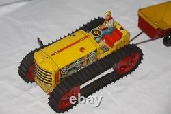 Marx Toys Tracteur à remontage Caterpillar Diesel avec remorque wagon en métal étain robuste