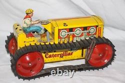 Marx Toys Tracteur à remontage Caterpillar Diesel avec remorque wagon en métal étain robuste