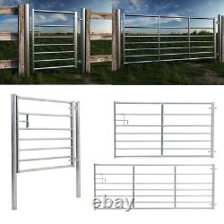 Portail de ferme en métal galvanisé avec barre transversale, entrée sécurisée pour les chevaux dans un champ.